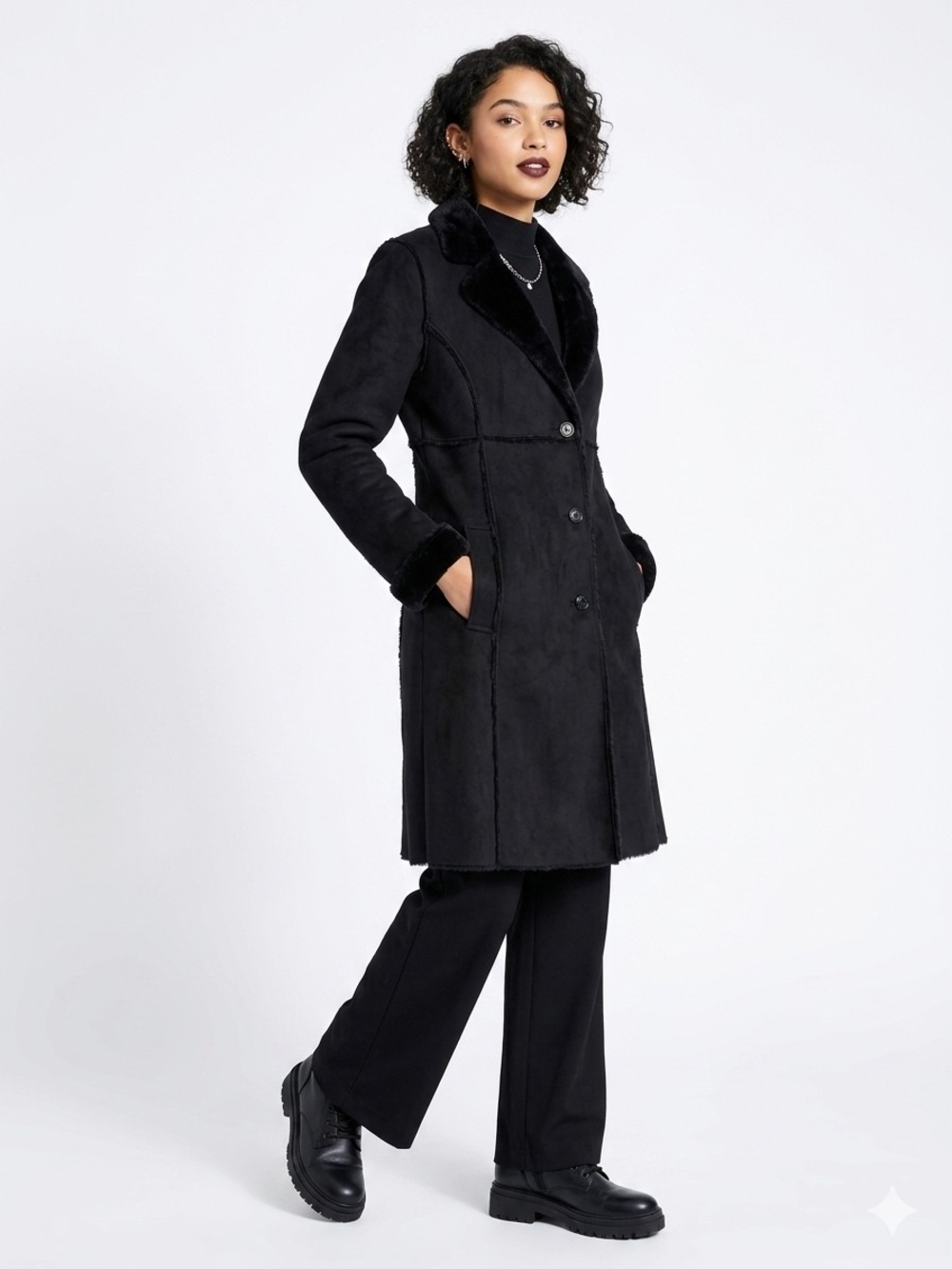 Andrew Marc Women's Black Long Faux-Shearling Trench Coat